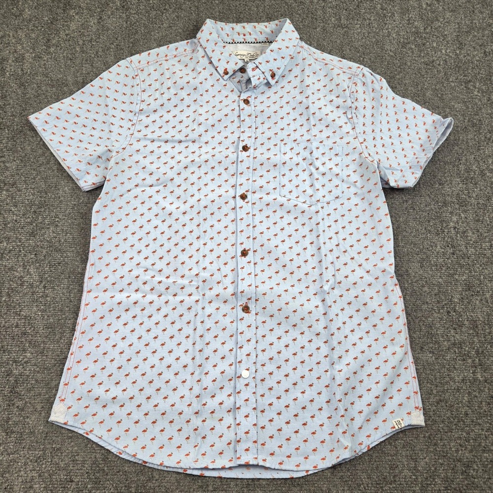 Sovereign Code Button Down Shirt Mens M Blue Flamingo Print Short Sleeve Casual